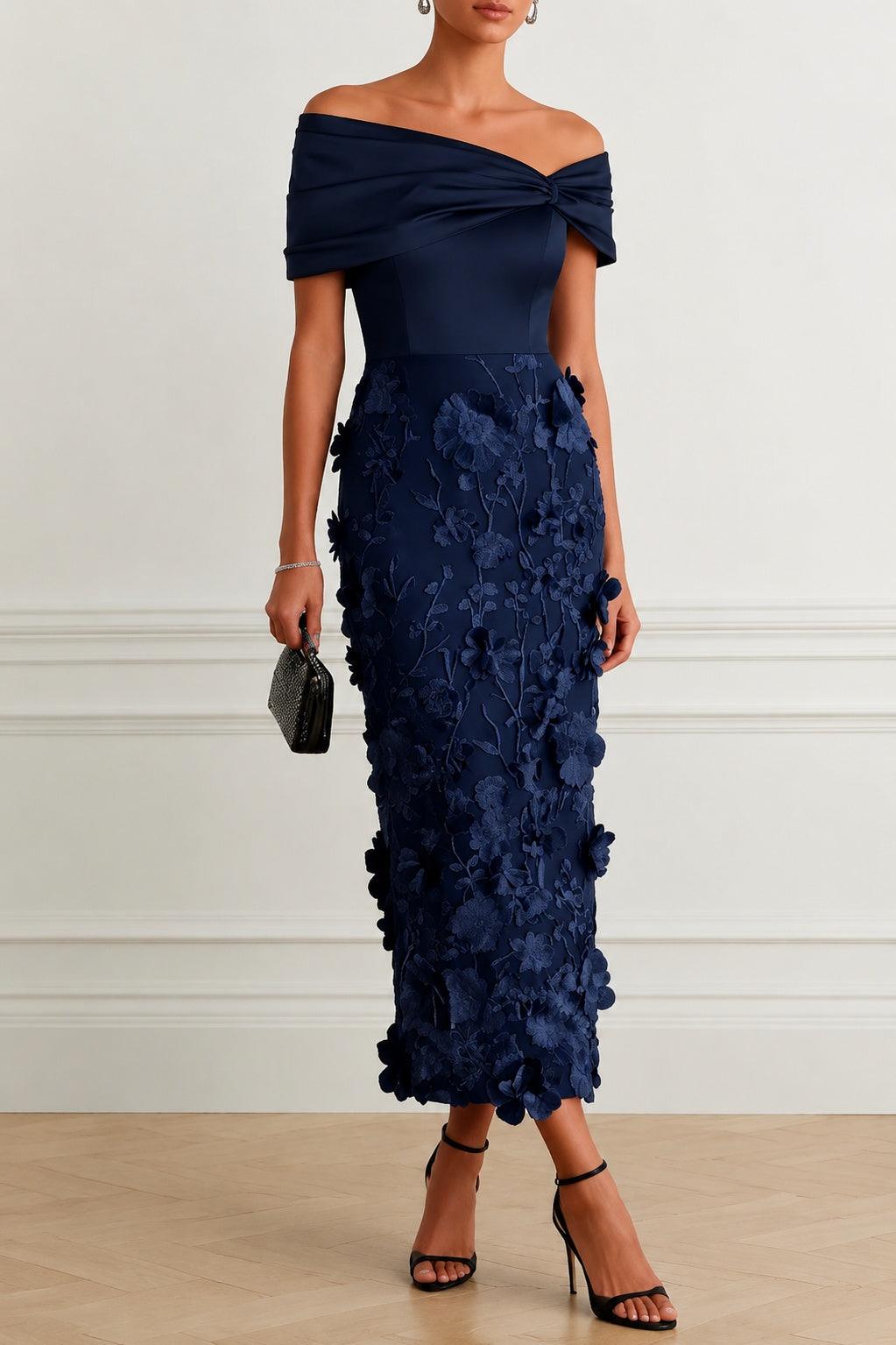 Sheath -Column Tea Length Satin Lace Wedding Guest Dress CG0362 - Dark Navy - COCOMELODY